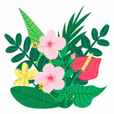 Çeşitli tropikal çiçekler ve egzotik yapraklardan oluşan bir buket resmi. Bu tropikal çiçek kartı, davetiye kartları ve pankart tasarımı için ideal beyaz bir arkaplanda izole edilmiştir. El çizimi. 