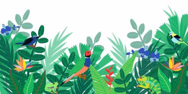 Beyaz üzerinde tropik hayvanların, çeşitli tropikal yaprakların ve çiçeklerin bulunduğu botanik bir arka plan tasviri. Sosyal medya iletileri, mobil uygulamalar, afiş tasarımı ve internet için ideal. El çizimi.