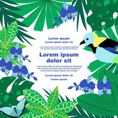 Tangacı bir kuş, çeşitli tropikal yapraklar ve orkidelerin yer aldığı, metin tutacağı olan botanik bir arka plan tasviri. Sosyal medya iletileri, mobil uygulamalar, pankart tasarımı ve web için ideal