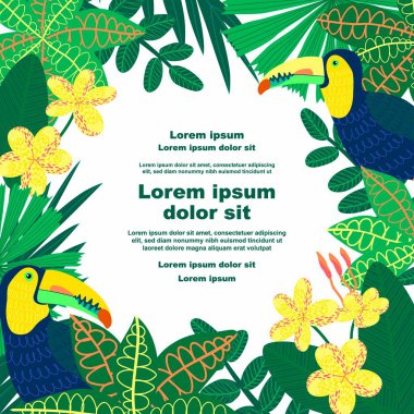 Tukan kuşlarının, çeşitli tropikal yaprakların ve çiçeklerin bir metin tutucuyla birlikte bulunduğu botanik bir arka plan tasviri. Sosyal medya iletileri, mobil uygulamalar, pankart tasarımı ve web için ideal
