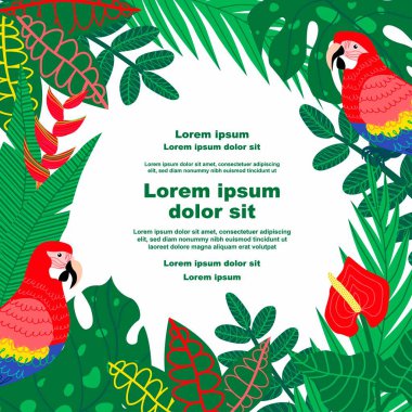 Papağan kuşlarının, çeşitli tropik yaprakların ve çiçeklerin bir metin tutucuyla birlikte yer aldığı botanik bir arka plan tasviri. Sosyal medya iletileri, mobil uygulamalar, pankart tasarımı ve web için ideal