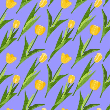 Çiçeksiz desenli, soluk menekşe arkaplanda yeşil yapraklı çeşitli renkli laleler. Geometrik arkaplan deseni. Baskı, duvar kağıdı ve tekstil için botanik doku tasarımı