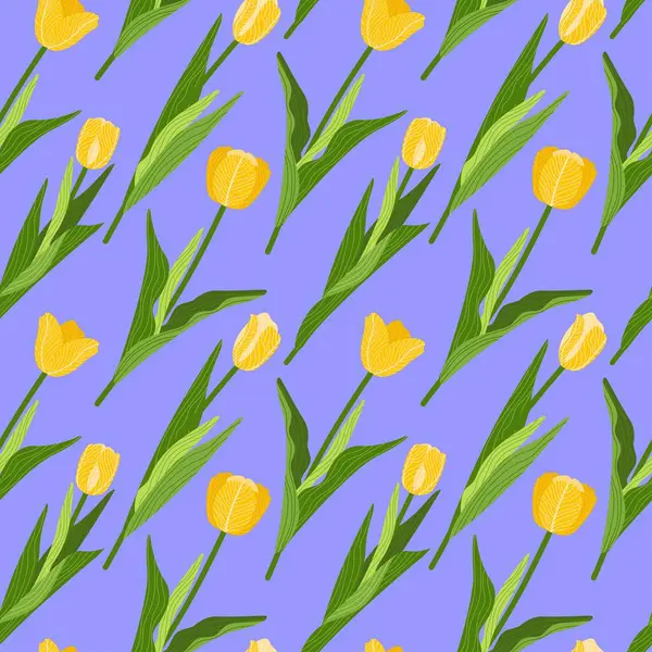 Çiçeksiz desenli, soluk menekşe arkaplanda yeşil yapraklı çeşitli renkli laleler. Geometrik arkaplan deseni. Baskı, duvar kağıdı ve tekstil için botanik doku tasarımı