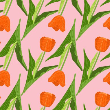Çiçeksiz desenli, pembe arka planda yeşil yapraklı çeşitli renkli laleler. Geometrik arkaplan deseni. Baskı, duvar kağıdı, tekstil ve ambalaj kağıdı için botanik tasarımı.