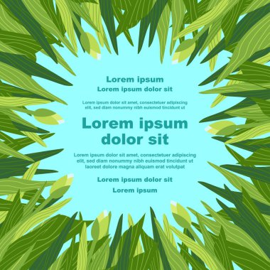 Çeşitli lale çiçeklerinin yer aldığı bir çiçek arkaplanının tasviri, bir metin tutucu ile. Afişler, kapaklar, tebrik kartları, davetiyeler, posterler ve diğer tasarım şablonları için ideal. El çizimi.