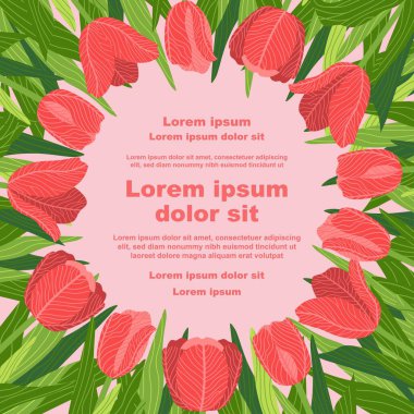 Çeşitli lale çiçeklerinin yer aldığı bir çiçek arkaplanının tasviri, bir metin tutucu ile. Afişler, kapaklar, tebrik kartları, davetiyeler, posterler ve diğer tasarım şablonları için ideal. El çizimi.