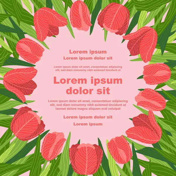 Çeşitli lale çiçeklerinin yer aldığı bir çiçek arkaplanının tasviri, bir metin tutucu ile. Afişler, kapaklar, tebrik kartları, davetiyeler, posterler ve diğer tasarım şablonları için ideal. El çizimi.