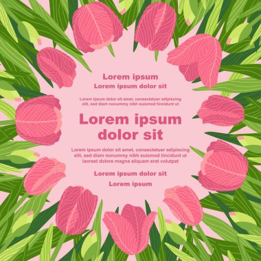 Çeşitli lale çiçeklerinin yer aldığı bir çiçek arkaplanının tasviri, bir metin tutucu ile. Afişler, kapaklar, tebrik kartları, davetiyeler, posterler ve diğer tasarım şablonları için ideal. El çizimi.
