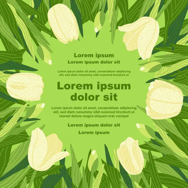 Çeşitli lale çiçeklerinin yer aldığı bir çiçek arkaplanının tasviri, bir metin tutucu ile. Afişler, kapaklar, tebrik kartları, davetiyeler, posterler ve diğer tasarım şablonları için ideal. El çizimi.