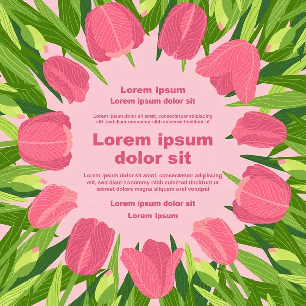 Çeşitli lale çiçeklerinin yer aldığı bir çiçek arkaplanının tasviri, bir metin tutucu ile. Afişler, kapaklar, tebrik kartları, davetiyeler, posterler ve diğer tasarım şablonları için ideal. El çizimi.