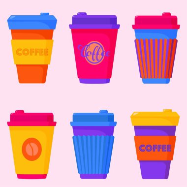 Göz kapaklı, tek kullanımlık kahve fincanları. Menüler, çıkartmalar, iğneler, simgeler ve diğer web ve basılı tasarımlar için idealdir. El çizimi vektör çizimleri soluk pembe arka planda izole edilir.