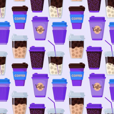 Canlı, pürüzsüz bir desen menekşe elementli tek kullanımlık kahve fincanlarını gösteriyor. Geometrik arkaplan tasarımı. Baskı, duvar kağıdı, tekstil ve ambalaj kağıdı için ideal. El çizimi vektör