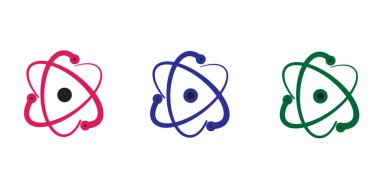 Atom molekülü vektör simgesi. Moleküler bilim, üç renkli bilimsel araştırma için elektron ve nötron kümesi