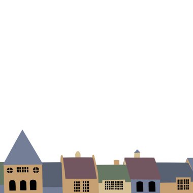 Değişen çatı stilleri ve renkleri olan geleneksel evlerin basitlik ve çekiciliği çağrıştıran bir düzenini tasvir eden minimalist bir dijital sanat eseri. Kavramsal tasarımlar veya mimari temalar için mükemmel.