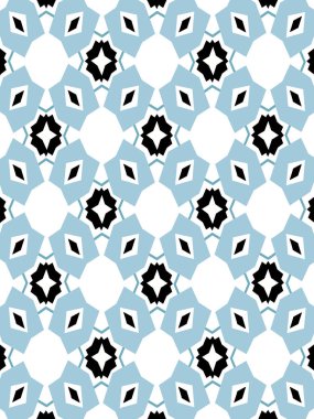 Beyaz arka planda mavi ve siyah soyut şekiller içeren kusursuz geometrik bir kiremit deseni. Bu simetrik tasarım görsel olarak çarpıcı ve modern görünüm gerektiren duvar kağıtları, tekstil ve sanatsal projeler için idealdir..