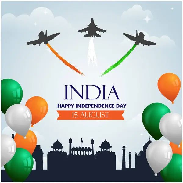 stock vector 15 august Indian independence day with Indian heritage and fighter jet