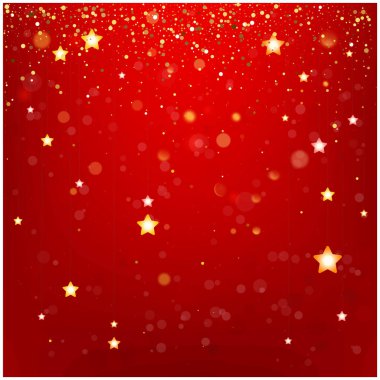 Altın yıldızlı kırmızı arkaplan ve ışıltı etkisi vektörü