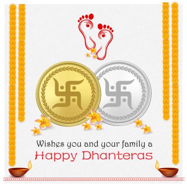 Happy Dhanteras with gold and silver coin Swastik logo and devi foot print clipart