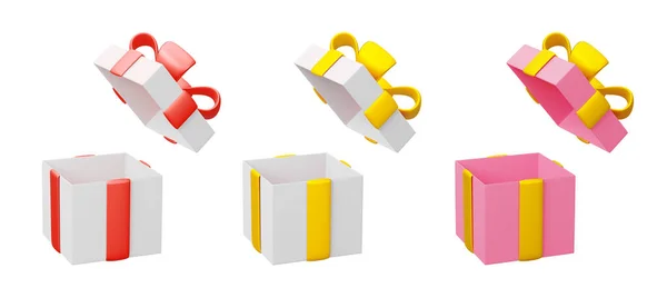 一套有彩带和蝴蝶结的开放式礼品盒 被白色背景隔离 3D渲染 — 图库照片