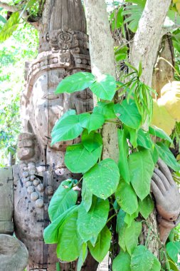 Eski heykel, güneşli bir ormanda yeşil yapraklarla kısmen gizlenmiş. Huzurlu bir ortam yaratıyor.