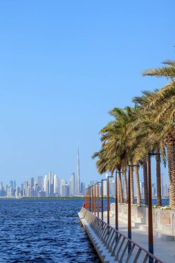 Dubai modern siluetinin arka planına sahip manzaralı deniz manzaralı gezinti alanında ikonik yüksek binalar yer alıyor. Yüksek kalite fotoğraf