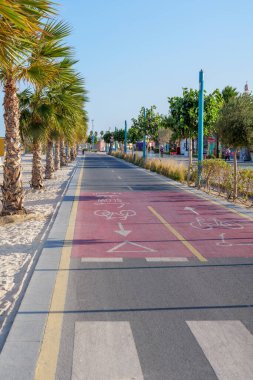 Dubai, Birleşik Arap Emirlikleri 'ndeki Kite Sahili boyunca palmiye ağaçlarıyla kaplı bisiklet yolu. Bisiklet sürmek, koşmak ve deniz manzarasından hoşlanan manzaralı bir kıyı yolu. 21 Ocak 2025, Dubai, BAE
