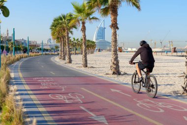 Dubai, Birleşik Arap Emirlikleri 'ndeki Kite Sahili boyunca palmiye ağaçlarıyla kaplı bisiklet yolu. Bisiklet sürmek, koşmak ve deniz manzarasından hoşlanan manzaralı bir kıyı yolu. 24 Ocak 2025 Dubai, BAE