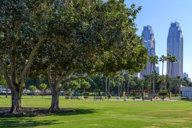 Dubai 'nin merkezinde şehir merkezinin gökdelenlerini gören yeşil bir park. İşe ara vermek için harika bir yer.
