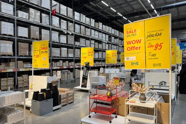 Dubai, BAE, 26 Nisan 2025: mağazada asılı parlak sarı IKEA satış afişleri büyük indirimler ve mevsimsel temizlikler. Kalın tabela, alışveriş yapanların ev ihtiyaçlarını karşılamak için avlanmalarına dikkat çekiyor.