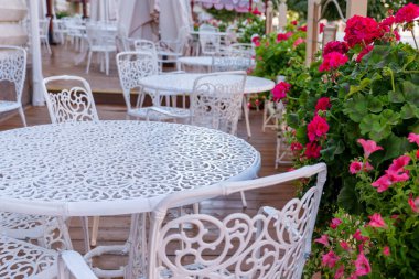 Çiçekler arasında lezzetli bir kahvaltı için harika bir yer. Yüksek kalite fotoğraf