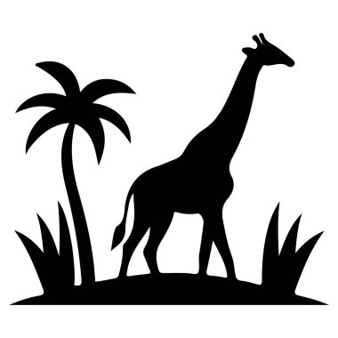 Explore this stunning black-and-white silhouette illustration of a giraffe standing gracefully in a natural setting. The artwork features a giraffe beside a tree, with clouds in the background, capturing the beauty of wildlife and nature in a minimal clipart