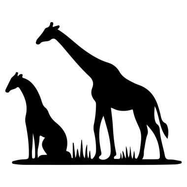 Vahşi yaşamın dokunaklı bağını keşfedin. Bu siyah-beyaz siluet, anne ve bebek zürafanın bir arada durduğunu gösteriyor. Minimalist tasarım, aile ve doğanın özünü yakalar. Dekor ve vahşi yaşam temalı profesyoneller için mükemmel hale getirir.