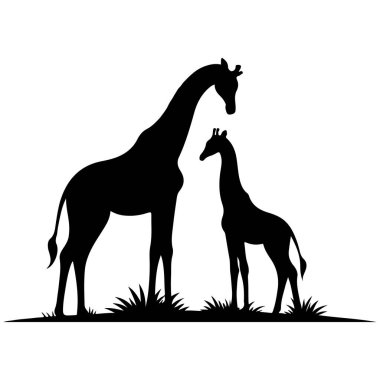 Discover the touching bond of wildlife with this black-and-white silhouette illustration of a mother and baby giraffe standing together. The minimalist design captures the essence of family and nature, making it perfect for decor, wildlife-themed pro clipart