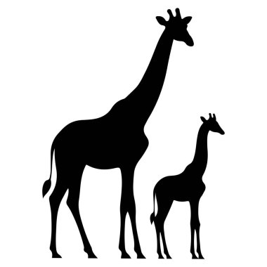 Vahşi yaşamın dokunaklı bağını keşfedin. Bu siyah-beyaz siluet, anne ve bebek zürafanın bir arada durduğunu gösteriyor. Minimalist tasarım, aile ve doğanın özünü yakalar. Dekor ve vahşi yaşam temalı profesyoneller için mükemmel hale getirir.