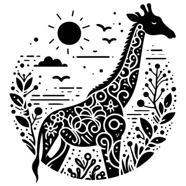 This beautifully detailed giraffe silhouette features intricate tribal patterns and a captivating African landscape, including acacia trees and birds. The circular design evokes the essence of the savannah, perfect for African wildlife-themed project clipart