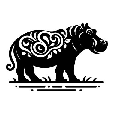 Bir su aygırının bu minimalist siyah-beyaz çizimi, hayvanın dingin varlığını doğal bir ortamda yakalar. Kalın siluet çimen ve yeşilliğin ince detaylarını içeriyor, bu da onu logolar, tişörtler, posterler veya doğa için ideal bir tasarım haline getiriyor.