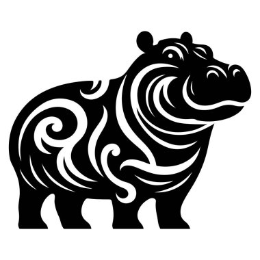 Bu siyah-beyaz kabile tarzı su aygırı çizimi, hayvanın çarpıcı ve soyut bir tasvirini oluşturan pürüzsüz, dalgalı çizgilere sahiptir. Grafik tasarımı, logolar, dövmeler ya da ev dekorasyonu için mükemmel..