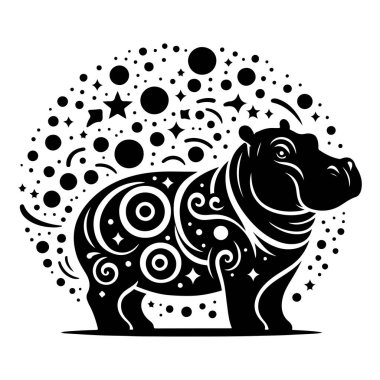 This striking black and white tribal-style illustration of a hippo showcases intricate patterns and swirls, embodying a modern and artistic approach to animal designs. Ideal for use in graphic design projects, tattoos, logos, or decorative prints, th clipart