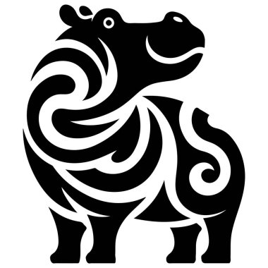 Bu siyah-beyaz kabile tarzı su aygırı çizimi, hayvanın çarpıcı ve soyut bir tasvirini oluşturan pürüzsüz, dalgalı çizgilere sahiptir. Grafik tasarımı, logolar, dövmeler ya da ev dekorasyonu için mükemmel..