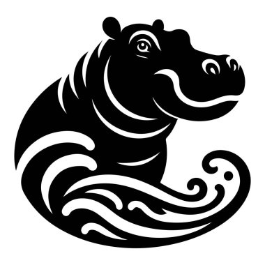 Bu siyah-beyaz kabile tarzı su aygırı çizimi, hayvanın çarpıcı ve soyut bir tasvirini oluşturan pürüzsüz, dalgalı çizgilere sahiptir. Grafik tasarımı, logolar, dövmeler ya da ev dekorasyonu için mükemmel..