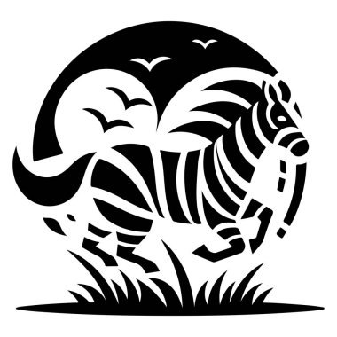 Bu büyüleyici kozmik zebra siluetini keşfedin. Yıldızlarla dolu bir gece gökyüzüne ve hilal ay ışığına karşı koyu siyah ve beyaz bir tasarım sergilenmektedir. Bu eşsiz vektör sanatı doğayı ve gök cisimlerini harmanlayarak çarpıcı ve... 