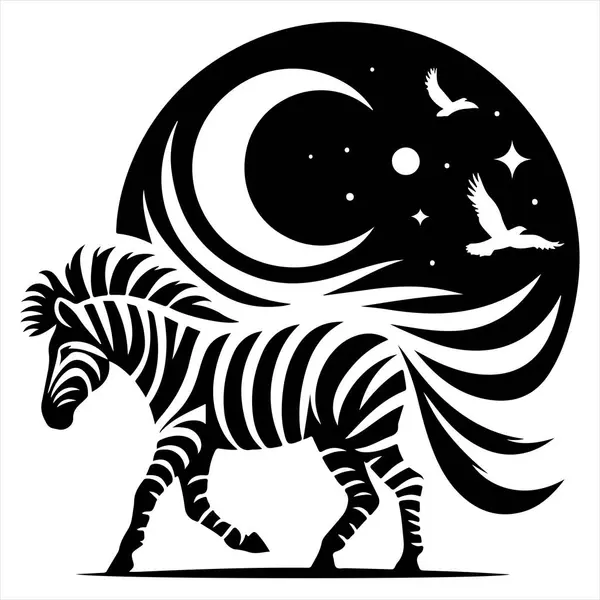 Bu büyüleyici kozmik zebra siluetini keşfedin. Yıldızlarla dolu bir gece gökyüzüne ve hilal ay ışığına karşı koyu siyah ve beyaz bir tasarım sergilenmektedir. Bu eşsiz vektör sanatı doğayı ve gök cisimlerini harmanlayarak çarpıcı ve... 