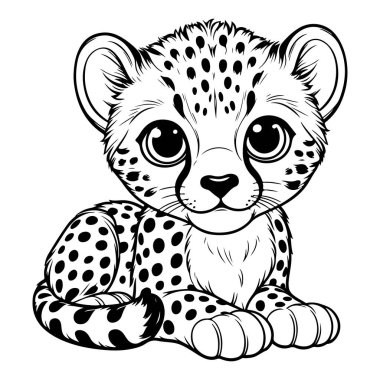 Büyük gözlü sevimli bir bebek çitanın büyüleyici siyah beyaz çizimi, çocuk boyama kitapları, çocuk odası sanatı, hayvan temalı tasarımlar ve sevimli dekor projeleri için mükemmel..