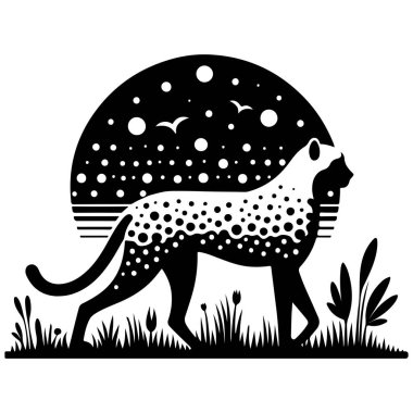 This minimalist vector illustration features a cheetah silhouette set against a moonlit sky with stars. Perfect for wildlife-themed designs, modern decor, and nature inspired artwork. Ideal for digital and print projects clipart