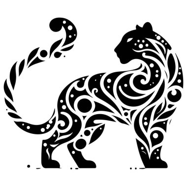 Karmaşık desenler ve kalın çizgilerle işlenmiş bu çarpıcı kabile tarzı leoparı keşfedin. Dövme tasarımları, tişört izleri ve duvar resimleri için mükemmel. Bu vektör grafiği görkemli leopar üzerinde benzersiz bir bakış açısı sunuyor. Bu soyut deta