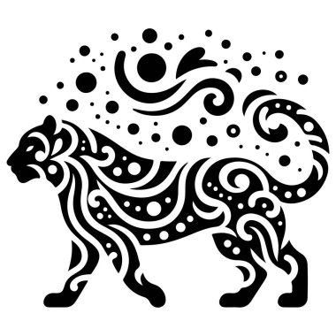 Karmaşık göksel desenlerle süslenmiş sıçrayan bir leoparın büyüleyici siyah-beyaz kabile stili illüstrasyonunu keşfedin. Vahşi yaşam, mistisizm ve eşsiz kabile sanatı aşıkları için mükemmel. Bu yüksek karşıtlık tasarımı li ayrıntılı elementleri içerir