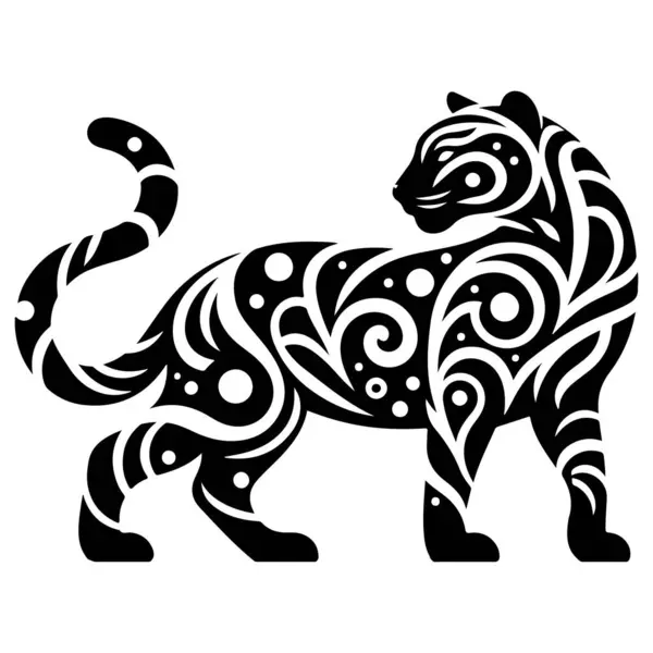 Karmaşık desenler ve kalın çizgilerle işlenmiş bu çarpıcı kabile tarzı leoparı keşfedin. Dövme tasarımları, tişört izleri ve duvar resimleri için mükemmel. Bu vektör grafiği görkemli leopar üzerinde benzersiz bir bakış açısı sunuyor. Bu soyut deta