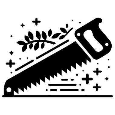 This hand saw icon features nature elements like leaves and stars, symbolizing eco-friendliness and sustainability. It's perfect for websites, apps, and design projects related to DIY, gardening, or sustainable living. clipart