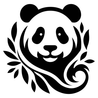 Bu resim, güzel tasarlanmış bir panda logosu içeriyor. Yaprakların sanatsal düzeniyle çevrili bir panda yüzü içeriyor. Siyah ve beyaz tasarım hem basit hem de çarpıcı, markalaşma için mükemmel bir seçim, çevreciler