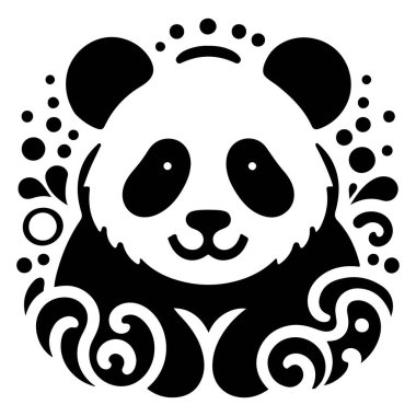 This image features a striking black and white illustration of a panda, creatively designed with intricate patterns and shapes. The panda's face is the central focus, surrounded by various abstract elements such as swirls, dots, and leaves, which add clipart